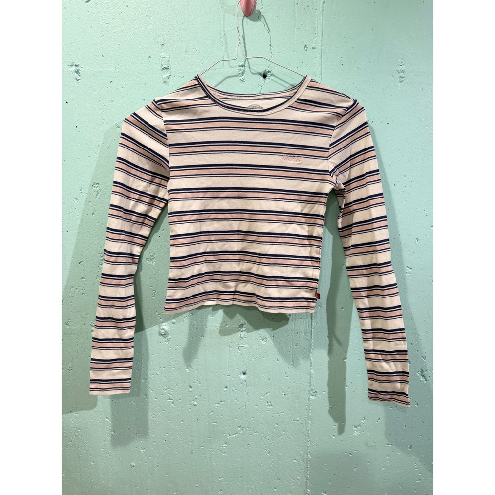 Dickies Womens Striped Long Sleeve Crop Top Navy Blue Pink Cotton Shirt Size M